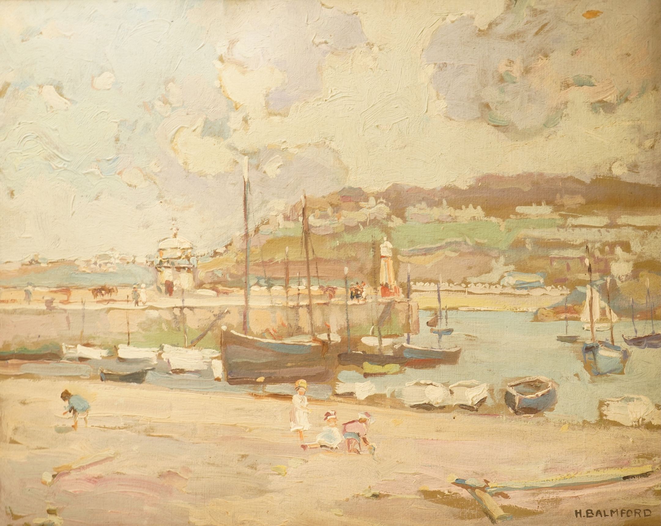 Hurst Balmford (1871-1950), Coastal view, harbour view and street scene, each signed, set of three oils on canvas laid onto board, 40 x 50cm